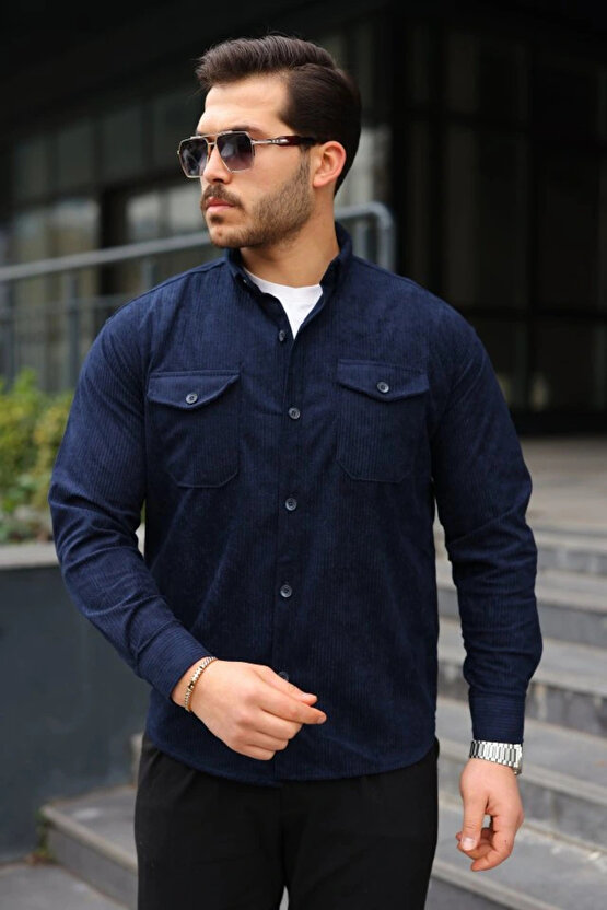 Erkek Uzun Kollu Cepli Kadife Gömlek