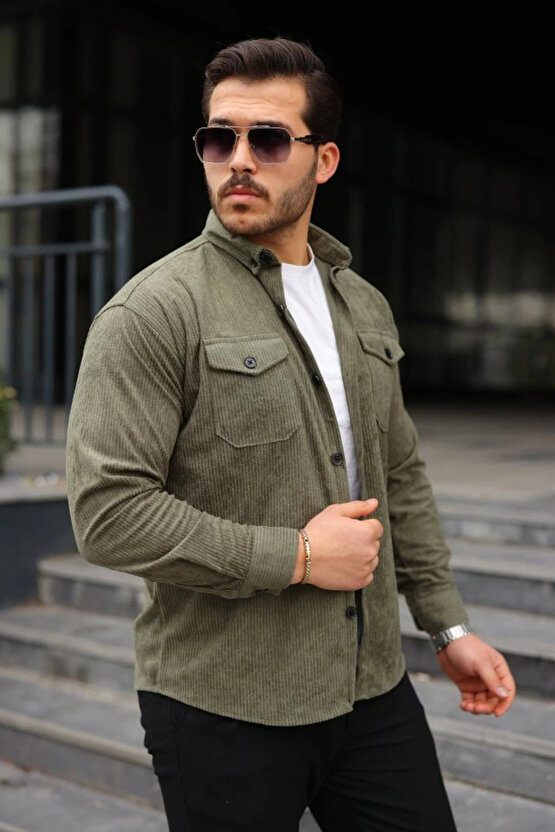 Erkek Uzun Kollu Cepli Kadife Gömlek