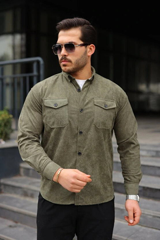 Erkek Uzun Kollu Cepli Kadife Gömlek