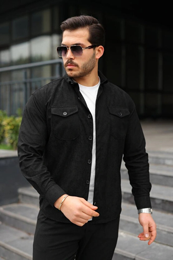 Erkek Uzun Kollu Cepli Kadife Gömlek