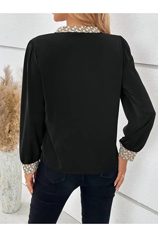 Kadın Uzun Kollu V Hakim Yakalı Desenli Ithal Krep Bluz