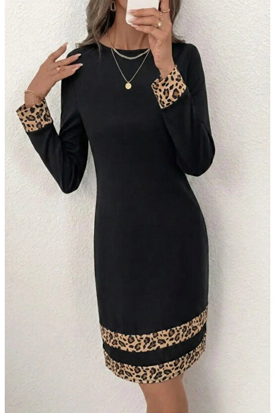 Kadın Uzun Kollu Bisiklet Yaka Mini Ithal Krep Elbise