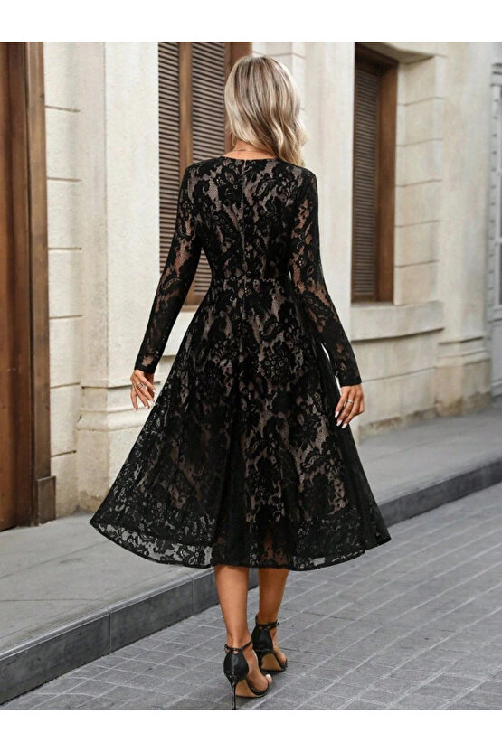 Kadın Uzun Kollu Bisiklet Yaka Dantelli Astarlı Midi Elbise