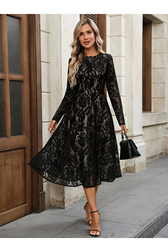 Kadın Uzun Kollu Bisiklet Yaka Dantelli Astarlı Midi Elbise