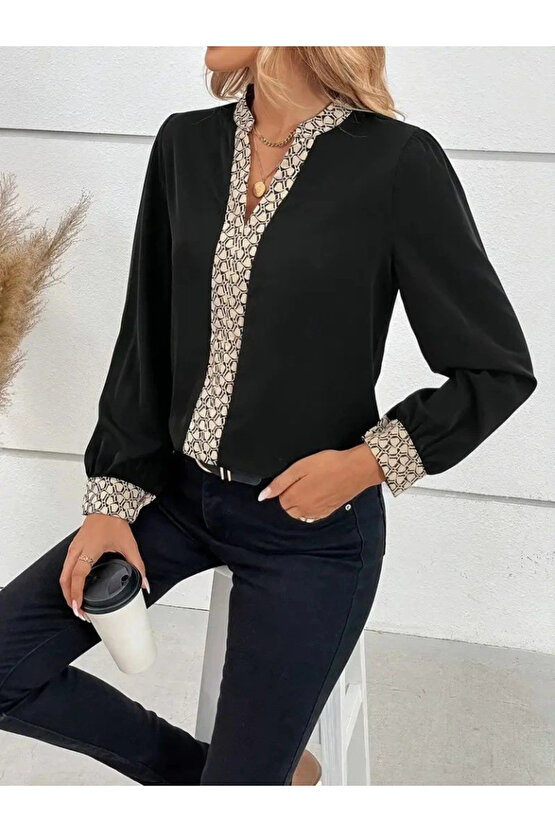 Kadın Uzun Kollu V Hakim Yakalı Desenli Ithal Krep Bluz