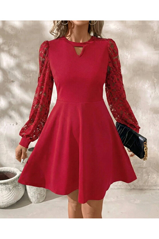 Kadın Uzun Kollu Yuvarlak Damla Detaylı Kolları Tül Detaylı Kısa Ithal Krep Elbise