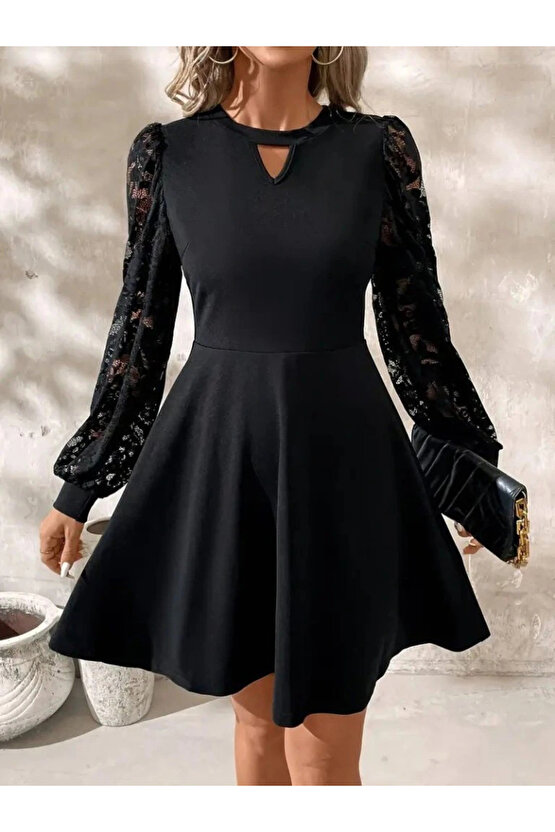 Kadın Uzun Kollu Yuvarlak Damla Detaylı Kolları Tül Detaylı Kısa Ithal Krep Elbise