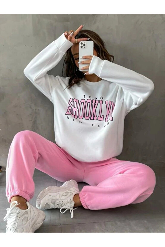 Kadın Bisiklet Yaka Brooklyn Baskılı üç Iplik Kumaş Sweat