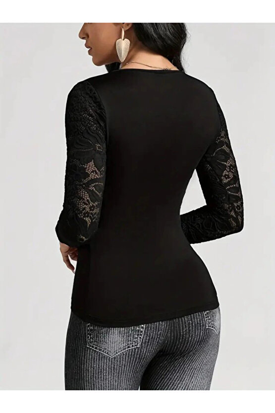 Kadın Uzun Kollu Dantelli Kruvaze Yakalı Yandan Büzgülü Viskon Bluz