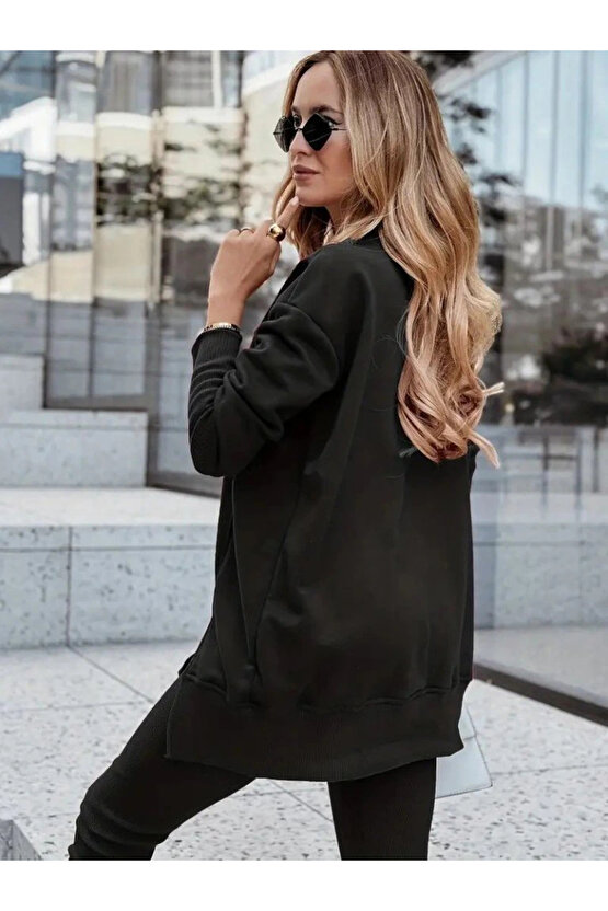 Kadın Uzun Kollu Bisiklet Yaka Nervurlu Viskon Iki Iplik Ve Tayt Pantolon Ikili Takım