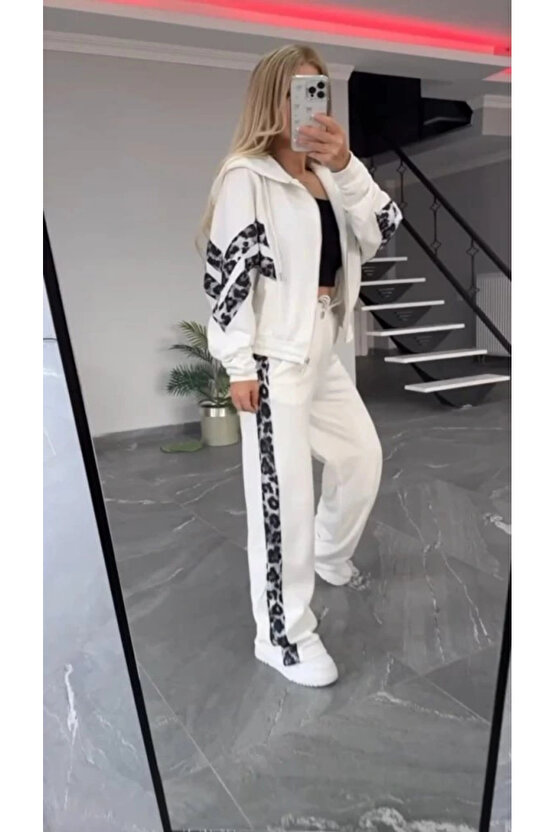 Kadın Uzun Kollu Kapşonlu önü Fermuarlı Leopar Desenli Modal Bluz Ve Pantolon Ikili Takım
