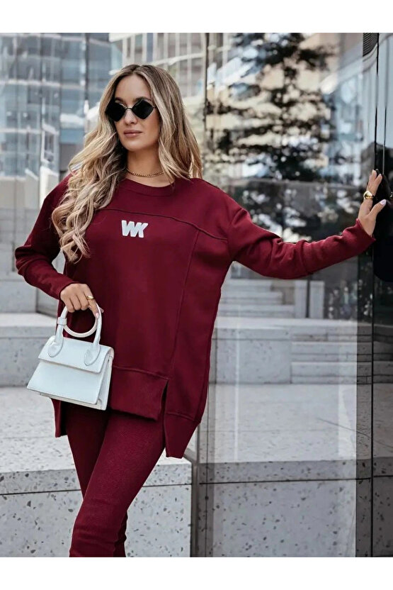 Kadın Uzun Kollu Bisiklet Yaka Nervurlu Viskon Iki Iplik Ve Tayt Pantolon Ikili Takım