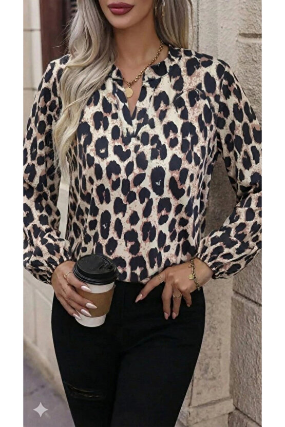 Kadın Uzun Kollu V Hakim Yakalı Leopar Desenli Süprem Bluz