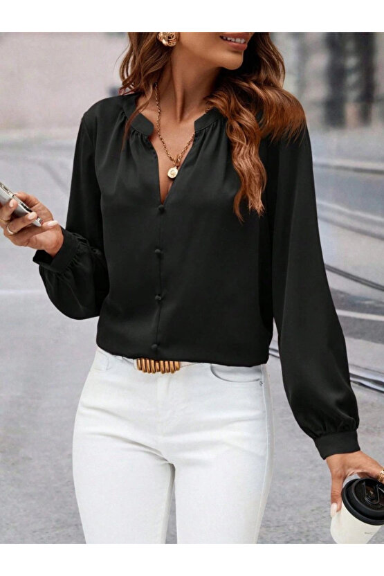 Kadın Uzun Kollu önden Düğmeli Hakim Yaka Ithal Krep Bluz