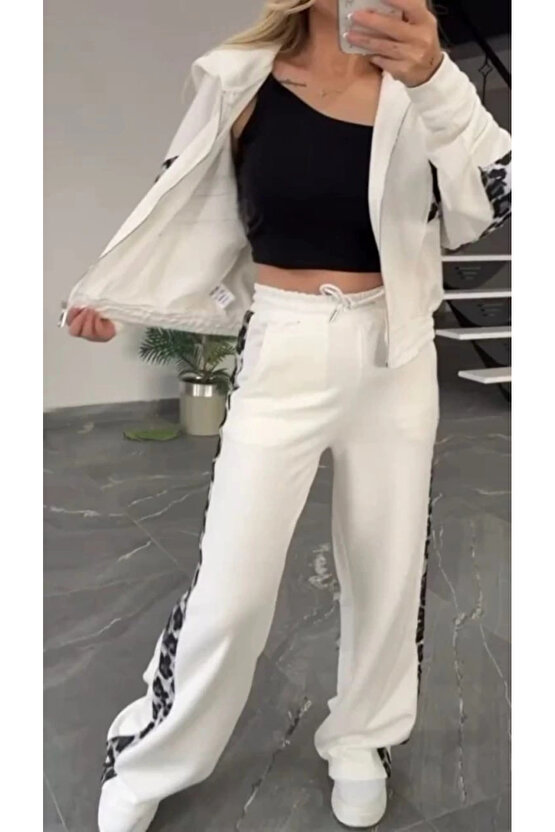 Kadın Uzun Kollu Kapşonlu önü Fermuarlı Leopar Desenli Modal Bluz Ve Pantolon Ikili Takım