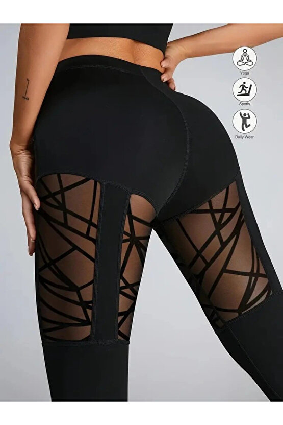 Kadın Yüksek Bel Tül Detaylı Spor Tayt