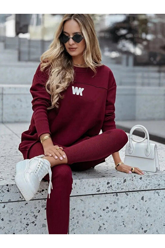 Kadın Uzun Kollu Bisiklet Yaka Nervurlu Viskon Iki Iplik Ve Tayt Pantolon Ikili Takım