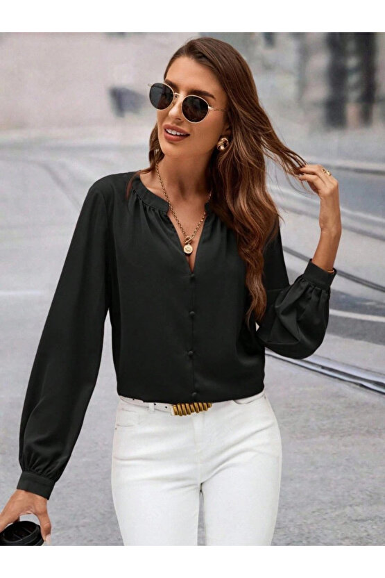 Kadın Uzun Kollu önden Düğmeli Hakim Yaka Ithal Krep Bluz