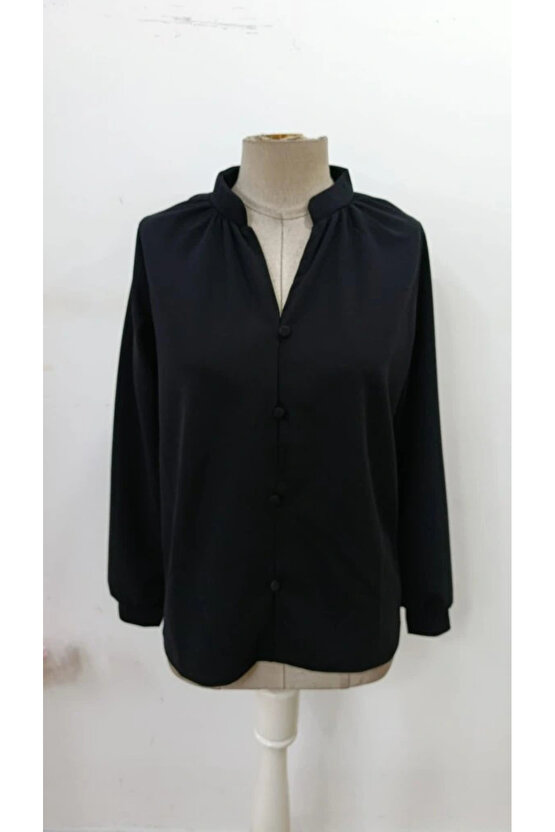 Kadın Uzun Kollu önden Düğmeli Hakim Yaka Ithal Krep Bluz