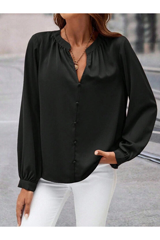 Kadın Uzun Kollu önden Düğmeli Hakim Yaka Ithal Krep Bluz