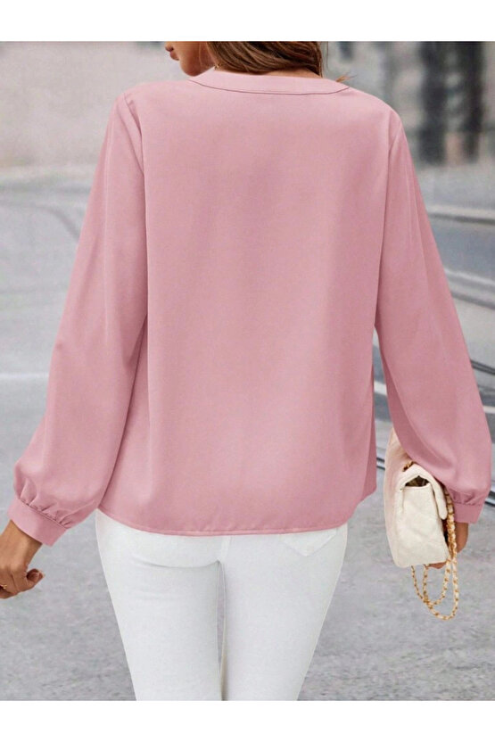 Kadın Uzun Kollu önden Düğmeli Hakim Yaka Ithal Krep Bluz