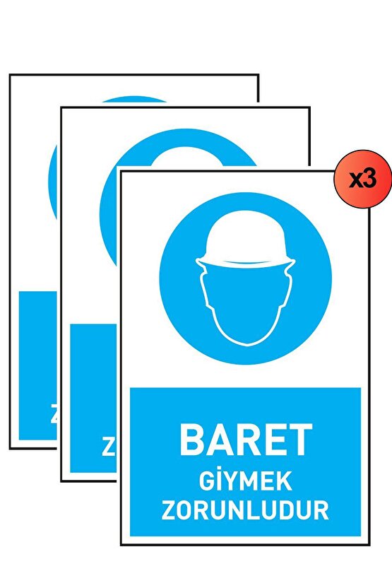 İş Güvenliği 3 Adet Levhası Baret Giymek Zorunludur Uyarı - Işaret Levhası(BANT HEDİYE)