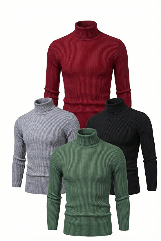 4lü Siyah, Bordo, Gri, Haki Unisex Kaşkorse Boğazlı Full Likralı Fitilli Body Kazak