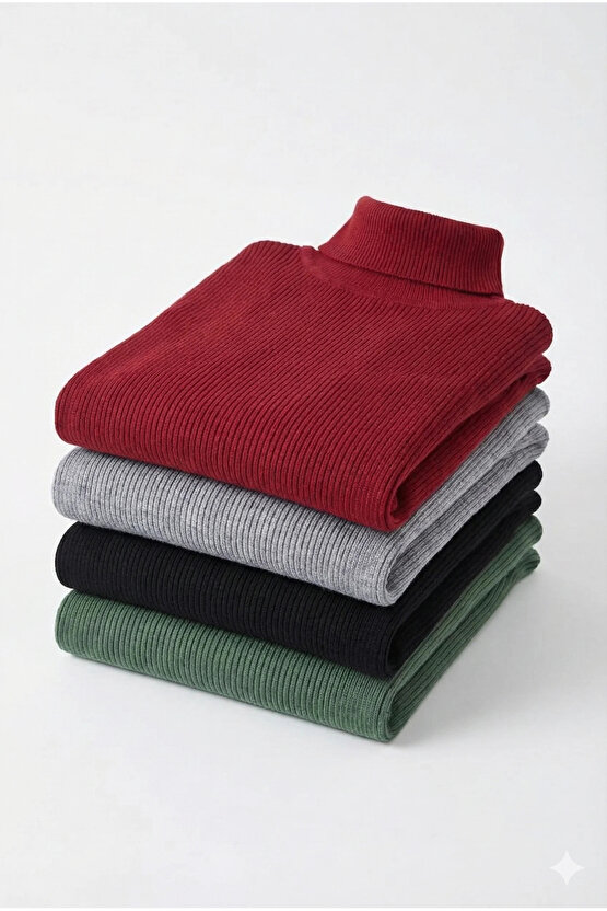 4lü Siyah, Bordo, Gri, Haki Unisex Kaşkorse Boğazlı Full Likralı Fitilli Body Kazak