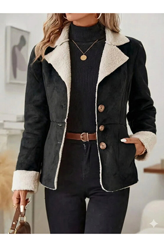Kadın Uzun Kollu önden Düğmeli Cep Detaylı Kısa Süet Ceket