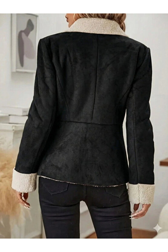 Kadın Uzun Kollu önden Düğmeli Cep Detaylı Kısa Süet Ceket