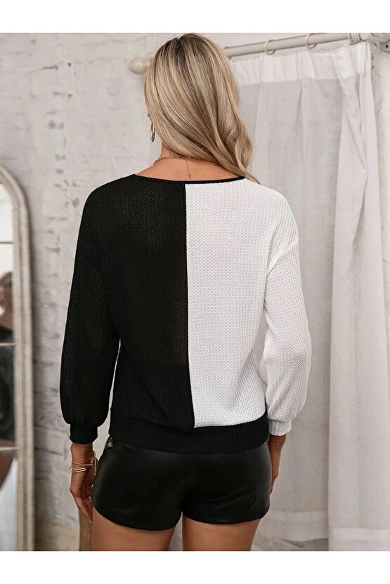 Kadın Uzun Kollu V Yakalı çift Renkli Triko Bluz