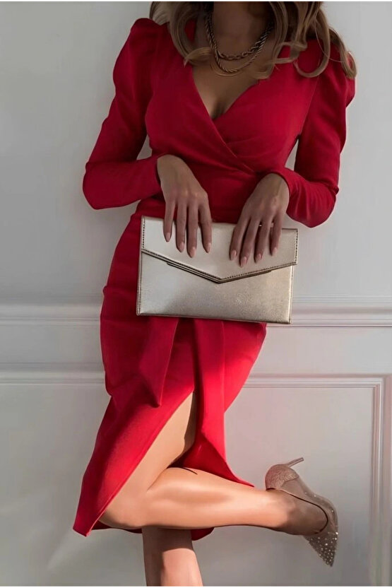 Kadın Uzun Kollu Kruvaze Yakalı Yandan Yırtmaçlı Belden Kuşaklı Midi Ithal Krep Elbise