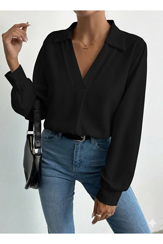 Kadın V Yaka Uzun Kollu Mosskrep Kumaş Bluz