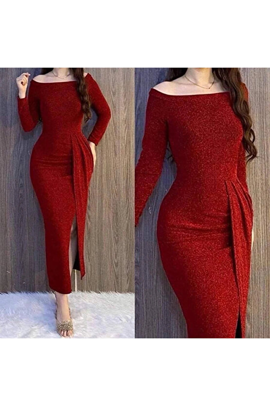 Kadın Uzun Kollu Kayık Yaka Büzgü Ve Maxi Boy Yırtmaç Detay Simli Kadife Kumaş Elbise