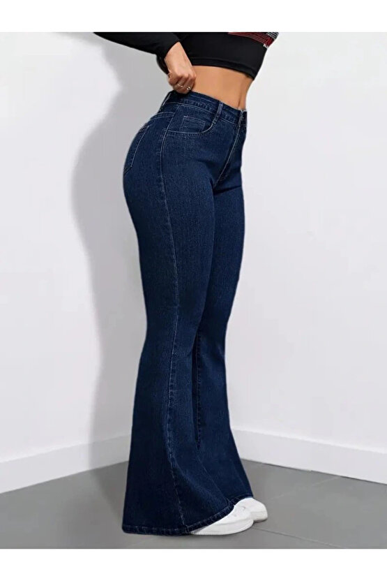 Kadın Yüksek Bel Cepli İspanyol Paçalı Kot Pantolon