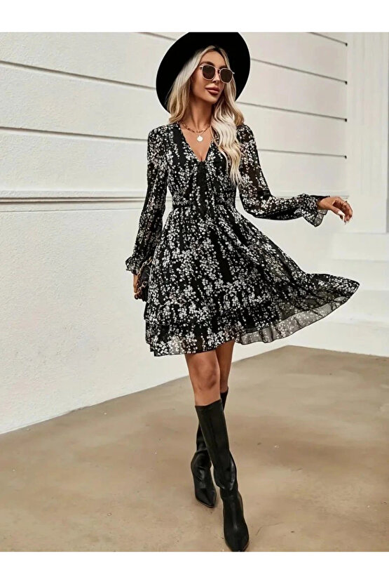 Kadın Uzun Kollu V Yakalı Fırfırlı Ve Bağcıklı şifon Mini Elbise