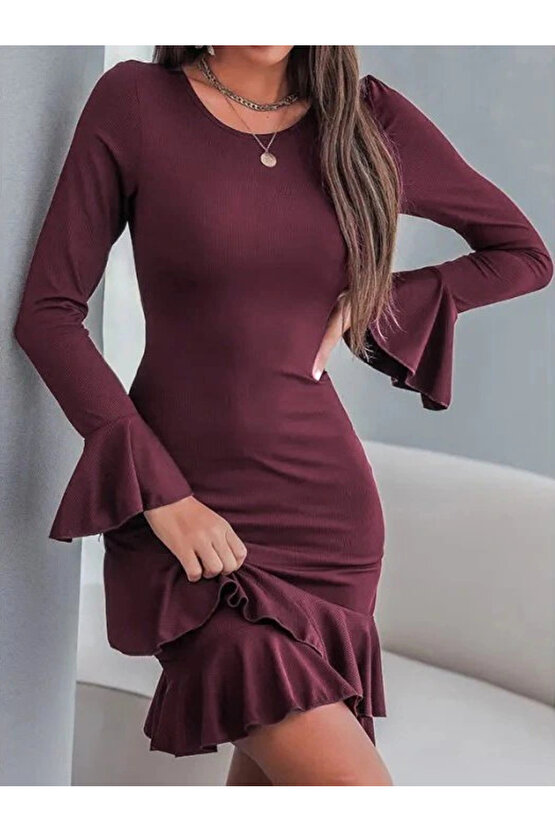 Kadın Uzun Kollu Yuvarlak Yaka Fırfırlı Kol Ucu Volanlı Janjan Krep Mini Elbise