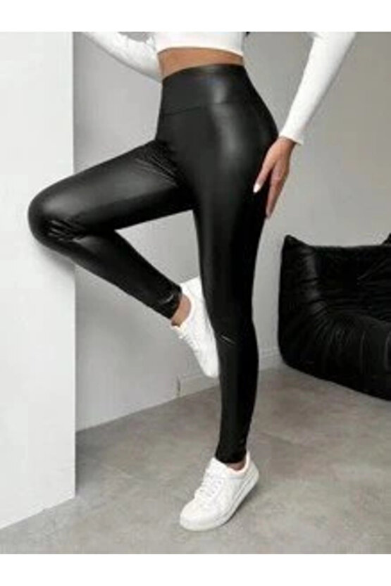 Kadın Yüksek Bel şardonlu Parlak Deri Tayt