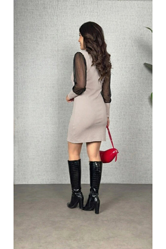 Kadın Uzun Kollu V Yakalı Tül Detaylı Mini Kaşkorse Elbise