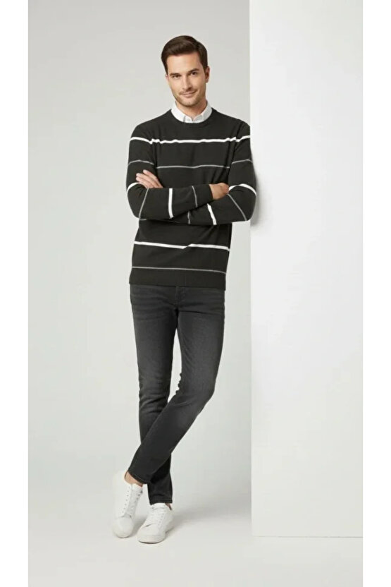 Erkek Bisiklet Yaka Cizgili Triko Kazak Yumuşak Dokulu Pamuklu Ince Dokuma, Uzun Kollu Rahat Regular