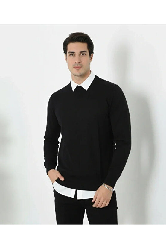 Erkek Bisiklet Yaka Triko Kazak Yumuşak Dokulu Pamuklu Ince Dokuma, Uzun Kollu Rahat Regular Kalıp -