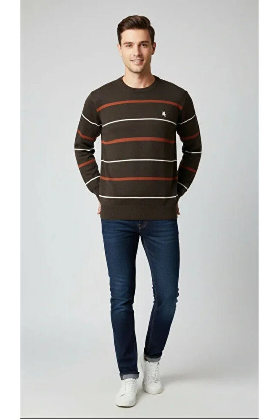 Erkek Bisiklet Yaka Cizgili Triko Kazak Yumuşak Dokulu Pamuklu Ince Dokuma, Uzun Kollu Rahat Regular