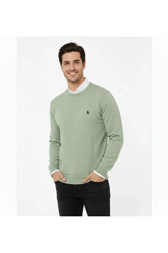 Erkek Bisiklet Yaka Nakış Işlemeli Triko Kazak Yumuşak Dokulu Pamuklu Ince Dokuma, Uzun Kollu Rahat