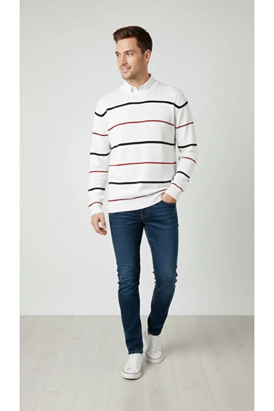 Erkek Bisiklet Yaka Cizgili Triko Kazak yumuşak dokulu Pamuklu ince Dokuma, uzun kollu Rahat Regular