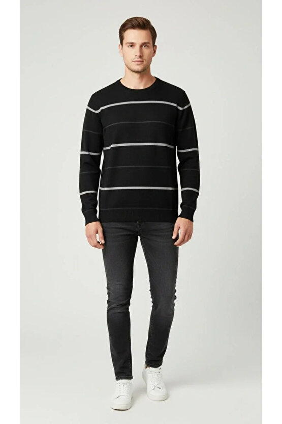 Erkek Bisiklet Yaka Cizgili Triko Kazak yumuşak dokulu Pamuklu ince Dokuma, uzun kollu Rahat Regular