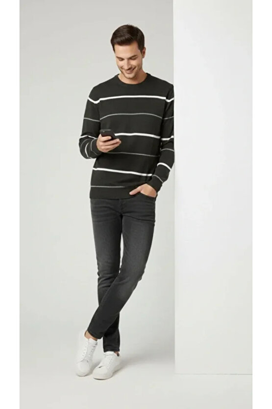 Erkek Bisiklet Yaka Cizgili Triko Kazak Yumuşak Dokulu Pamuklu Ince Dokuma, Uzun Kollu Rahat Regular