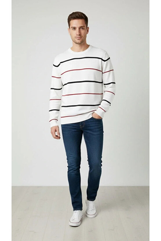 Erkek Bisiklet Yaka Cizgili Triko Kazak yumuşak dokulu Pamuklu ince Dokuma, uzun kollu Rahat Regular