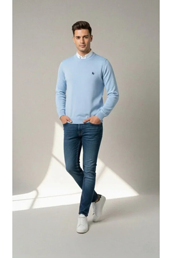 Erkek Bisiklet Yaka Nakış Işlemeli Triko Kazak Yumuşak Dokulu Pamuklu Ince Dokuma, Uzun Kollu Rahat