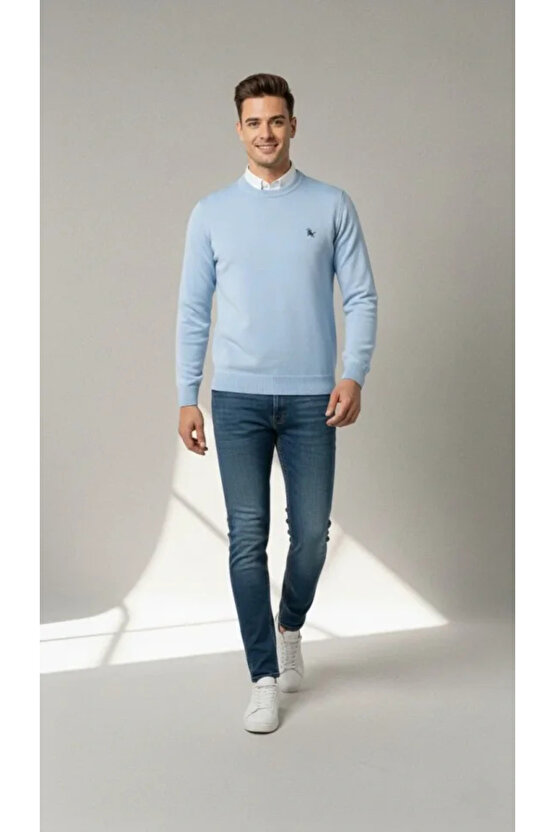 Erkek Bisiklet Yaka Nakış Işlemeli Triko Kazak Yumuşak Dokulu Pamuklu Ince Dokuma, Uzun Kollu Rahat