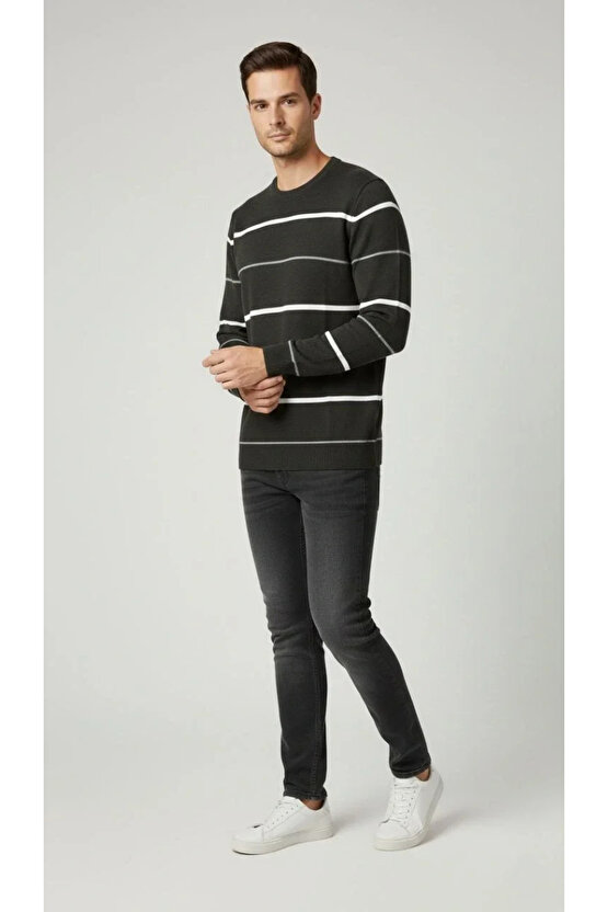 Erkek Bisiklet Yaka Cizgili Triko Kazak yumuşak dokulu Pamuklu ince Dokuma, uzun kollu Rahat Regular